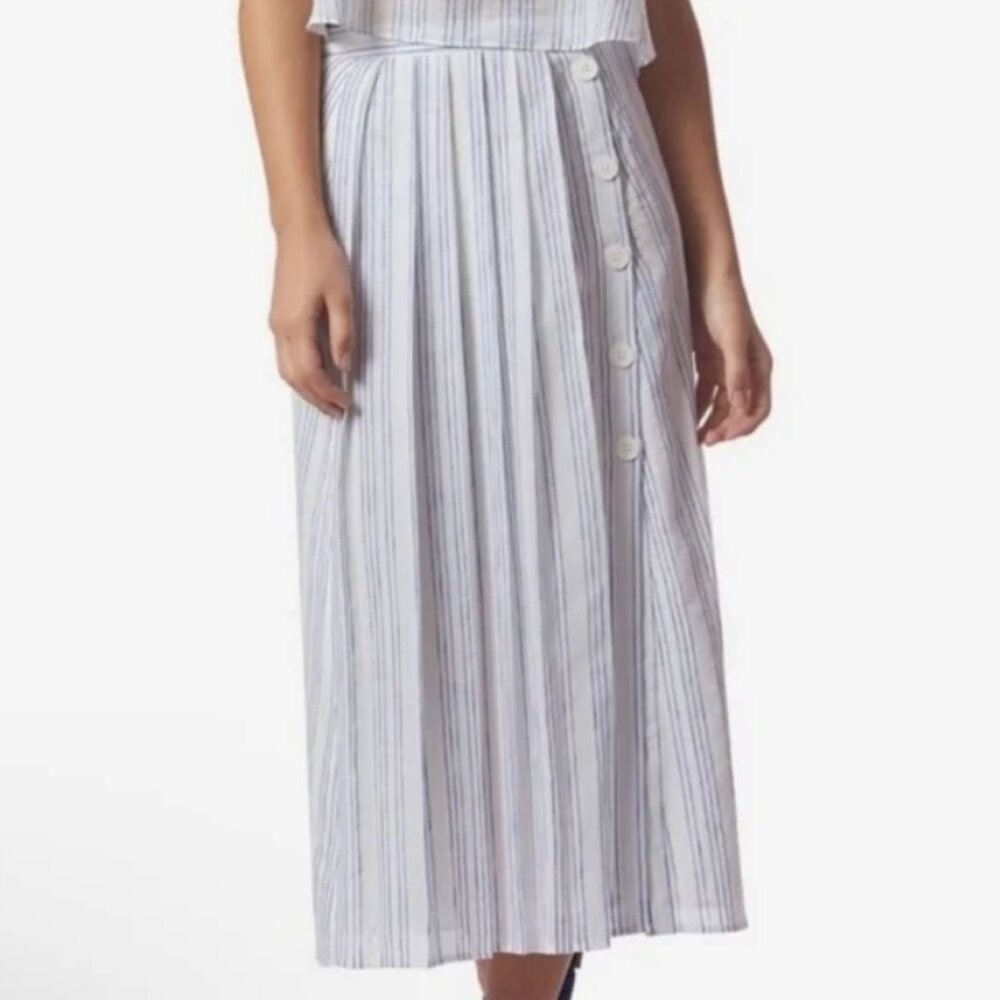 NWT Avec Les Filles Women's Blue White Striped Modest Pleated Midi Skirt Size 2